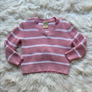 Kids Pink and White Striped V-Neck Sweater